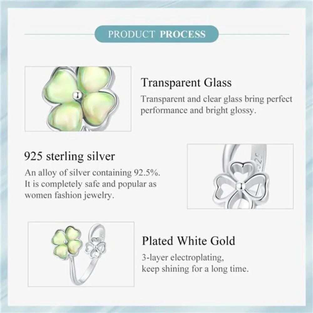 Adjustable Silver Clover Ring 925 Sterling Jewelry Fashion Comes with Good Luck